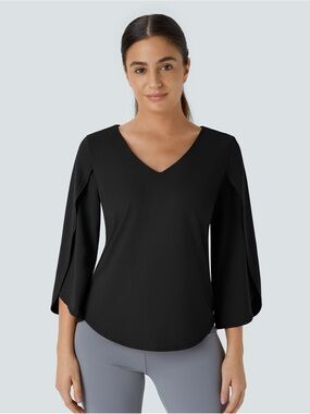 Halara V Neck 3/4 Sleeve Curved Hem Work Top Black Size XL